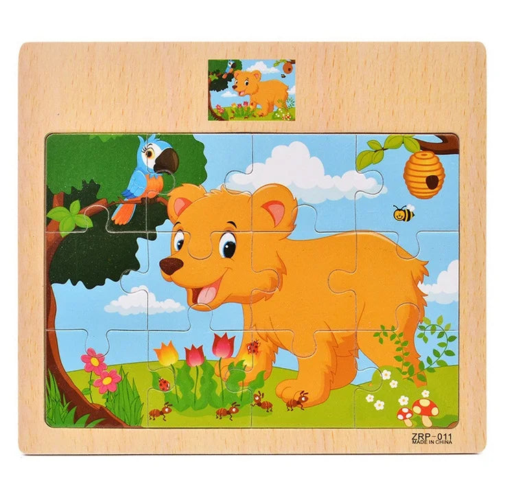 12/9pcs Wooden Puzzles Kids Cartoon Animals Vehicles Educational Learning Toy Gift