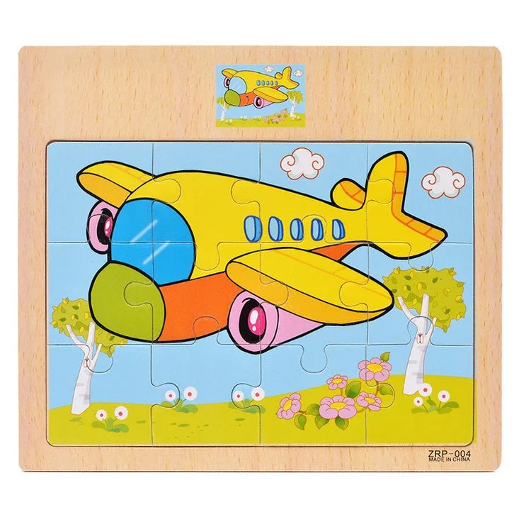 12/9pcs Wooden Puzzles Kids Cartoon Animals Vehicles Educational Learning Toy Gift