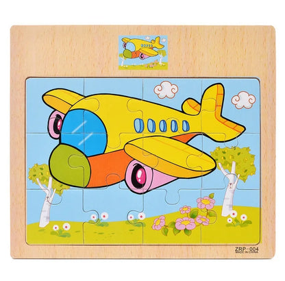 12/9pcs Wooden Puzzles Kids Cartoon Animals Vehicles Educational Learning Toy Gift