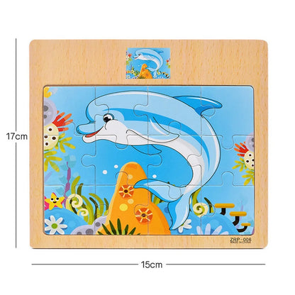 12/9pcs Wooden Puzzles Kids Cartoon Animals Vehicles Educational Learning Toy Gift
