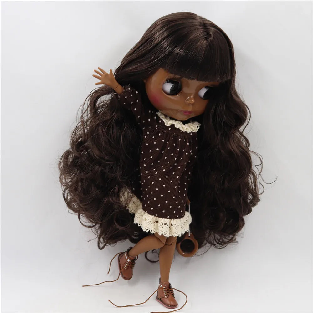 ICY DBS Blythe Doll Super Black Skin Glossy Face Joint Body Dark Brown Hair