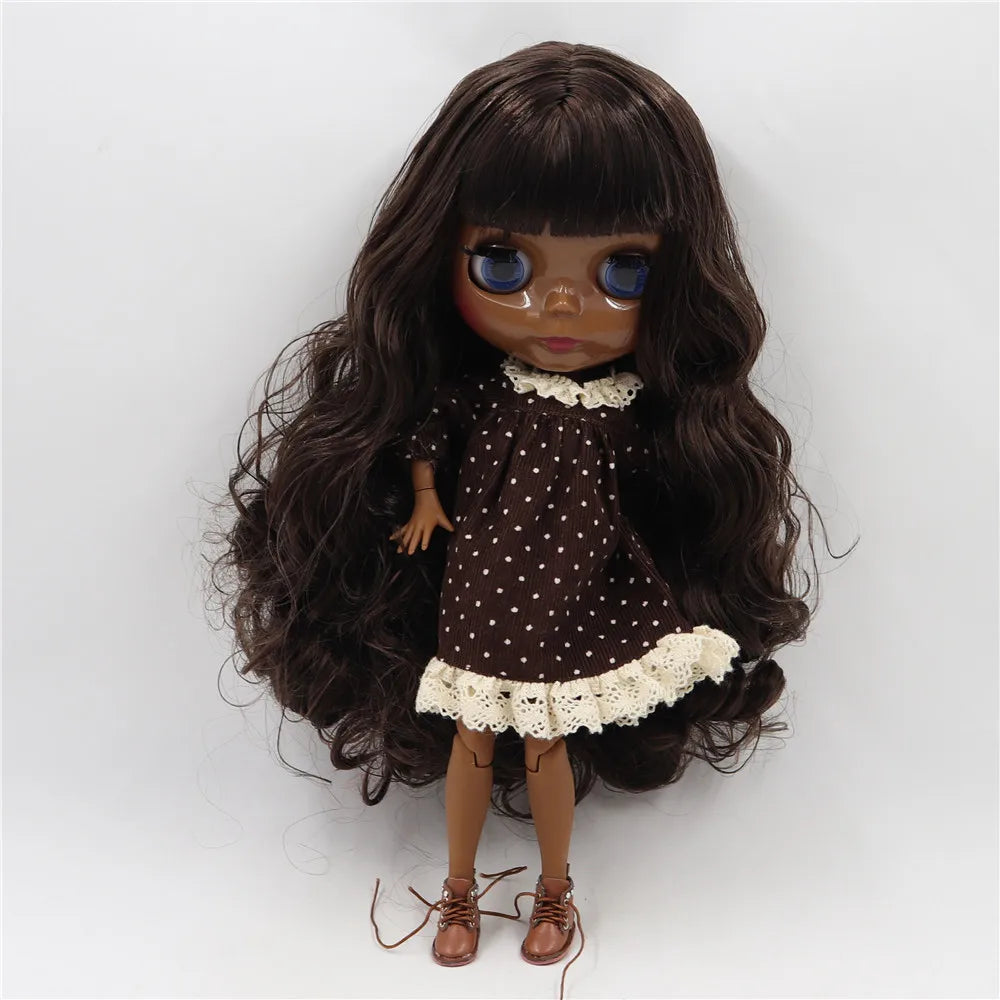 ICY DBS Blythe Doll Super Black Skin Glossy Face Joint Body Dark Brown Hair