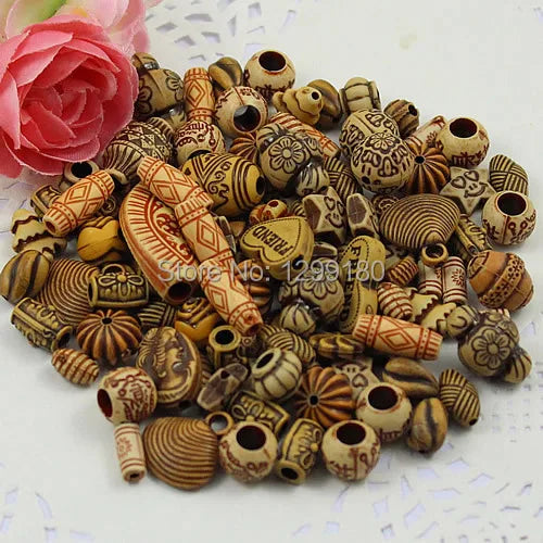 100Pcs Wood Beads for Necklace Bracelet Making DIY Assorted Colors 8-25mm