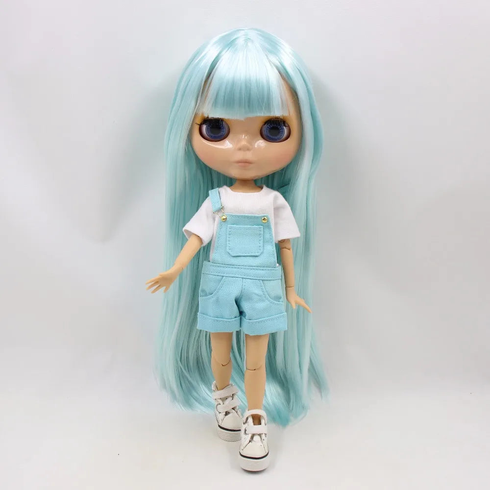 ICY DBS Blythe Doll 1/6 BJD Joint Body 30cm Blue Hair Tan Skin Shiny Face Toy