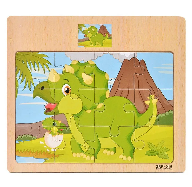 12/9pcs Wooden Puzzles Kids Cartoon Animals Vehicles Educational Learning Toy Gift