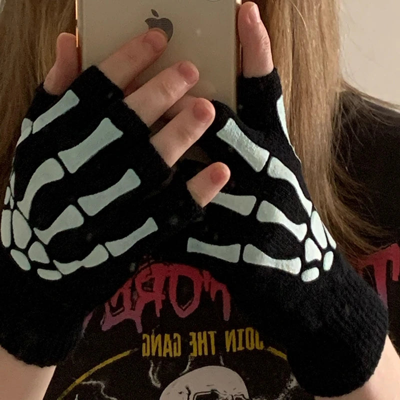 Half Finger Gloves Skeleton Skull Glow in Dark Fingerless Halloween Punk