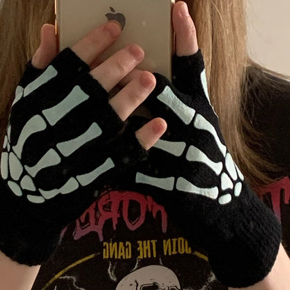 Half Finger Gloves Skeleton Skull Glow in Dark Fingerless Halloween Punk