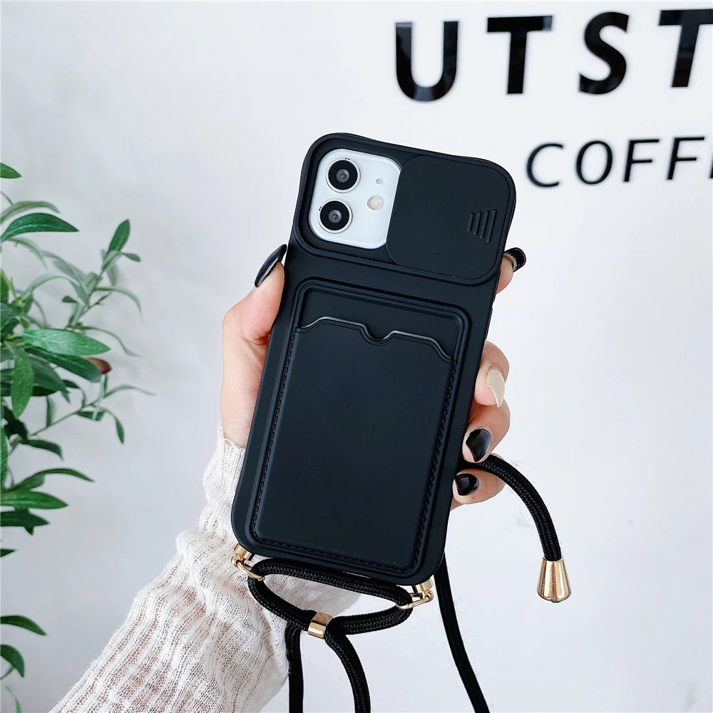 iPhone 7-16 Pro Max Mini XR XS Crossbody Lanyard Wallet Case Camera Cover