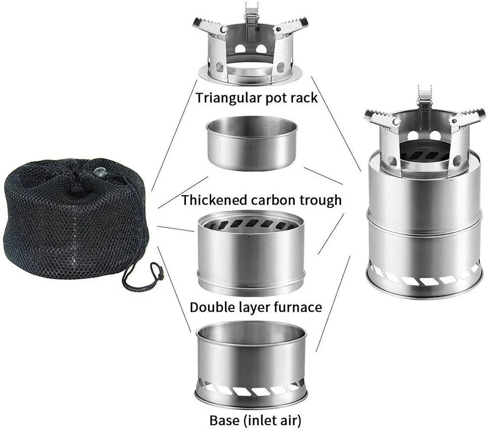 Portable Outdoor Camping Stove Wood Burning Stainless Steel BBQ Picnic Cooking