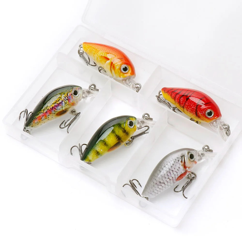 5Pcs Mini Fishing Lures Crankbait Pike Trout Baits with Tackle Box