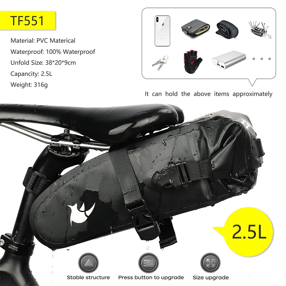Rhinowalk Waterproof Bicycle Saddle Bag 1.5-2.5L Seat Tool Tail Pack
