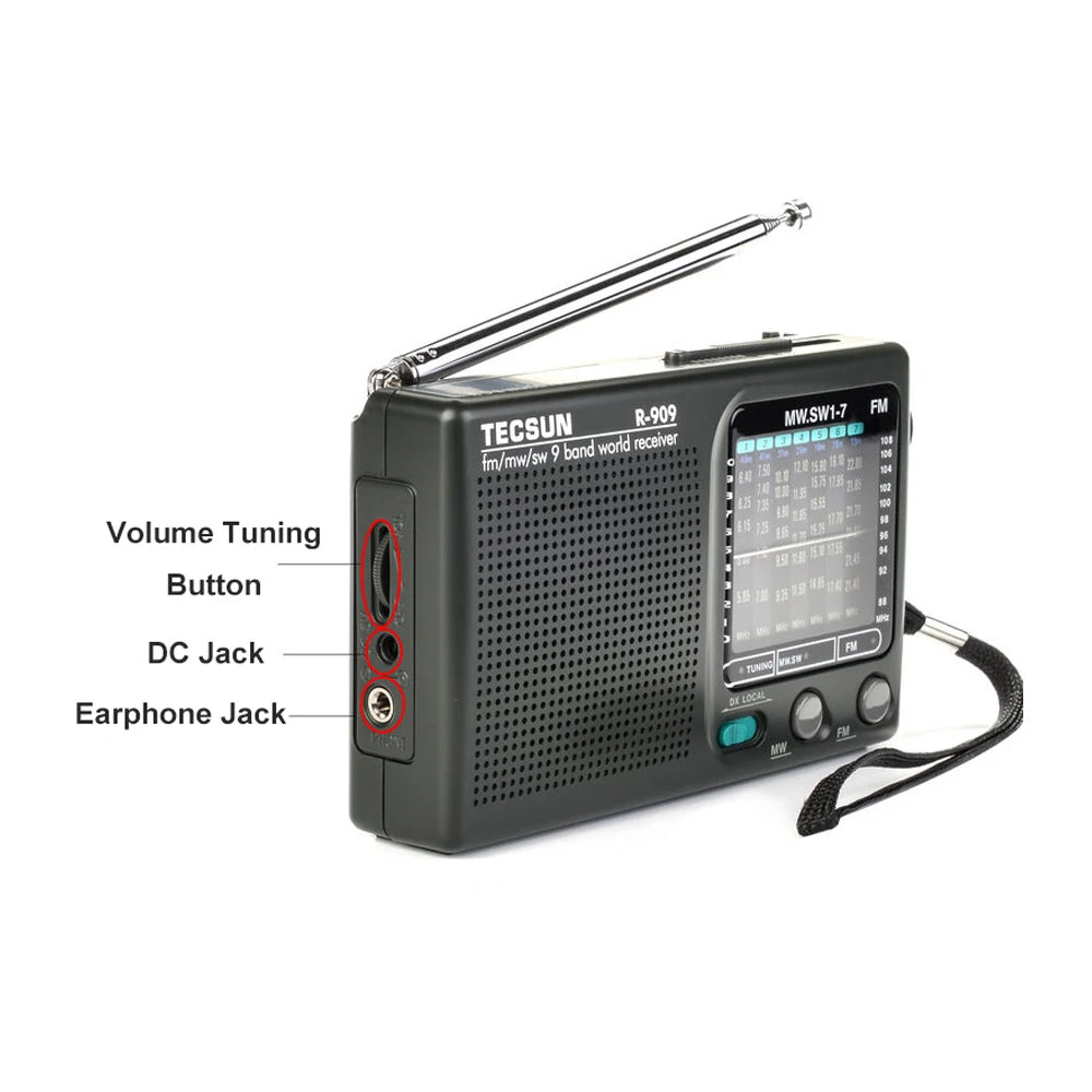 Tecsun R-909 9-Band AM FM SW Portable Radio with Rotatable Antenna DX Control