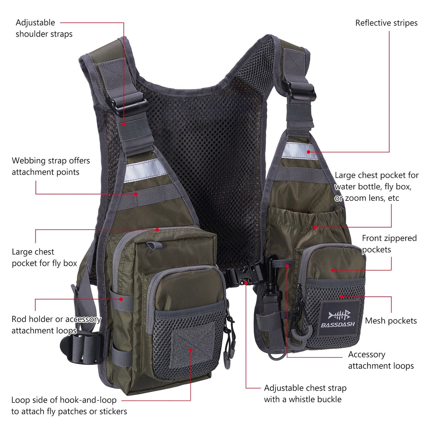 Fly Fishing Vest Bassdash FV08 Lightweight Chest Pack One Size Men Women