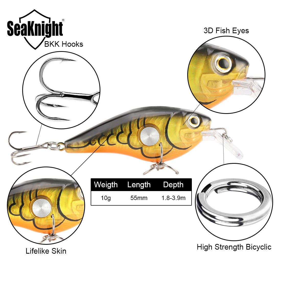SeaKnight SK003 10g 55mm Crankbait Lure, Floating Deep Diving Wobbler for Saltwater Fishing