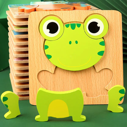 3D Wooden Cartoon Animal Traffic Puzzle Early Learning Jigsaw Toy for Children