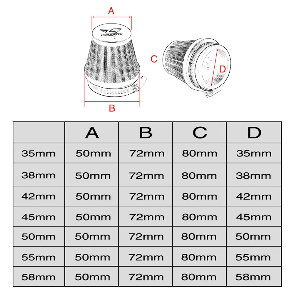 Clamp-on Air Filter for Motorcycle 35mm 38mm 42mm 45mm 50mm 55mm 58mm
