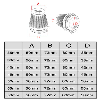Clamp-on Air Filter for Motorcycle 35mm 38mm 42mm 45mm 50mm 55mm 58mm