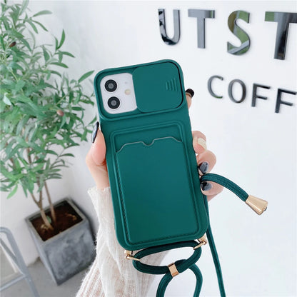 iPhone 7-16 Pro Max Mini XR XS Crossbody Lanyard Wallet Case Camera Cover