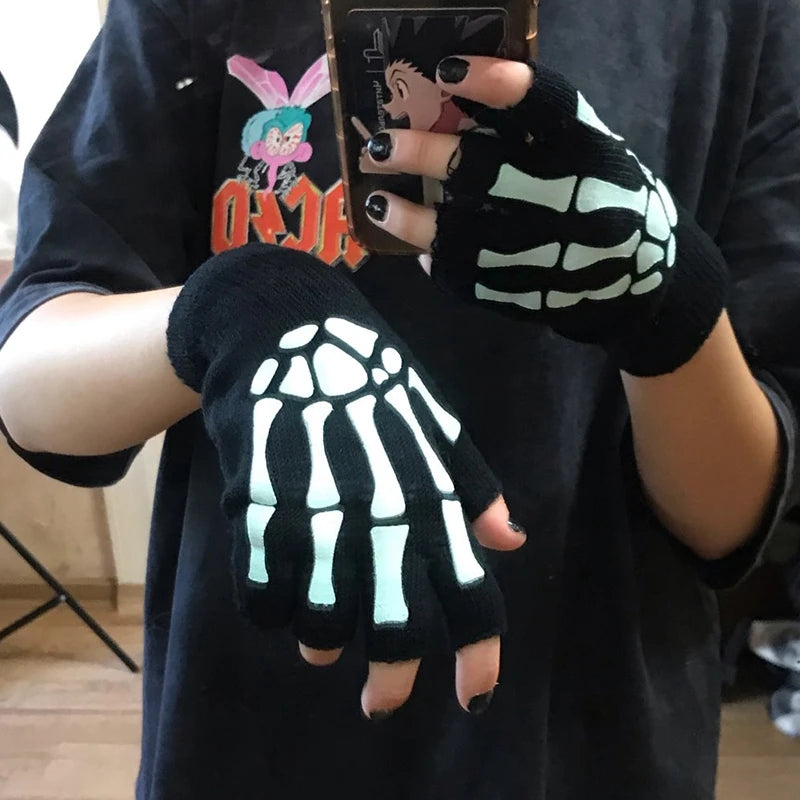 Half Finger Gloves Skeleton Skull Glow in Dark Fingerless Halloween Punk