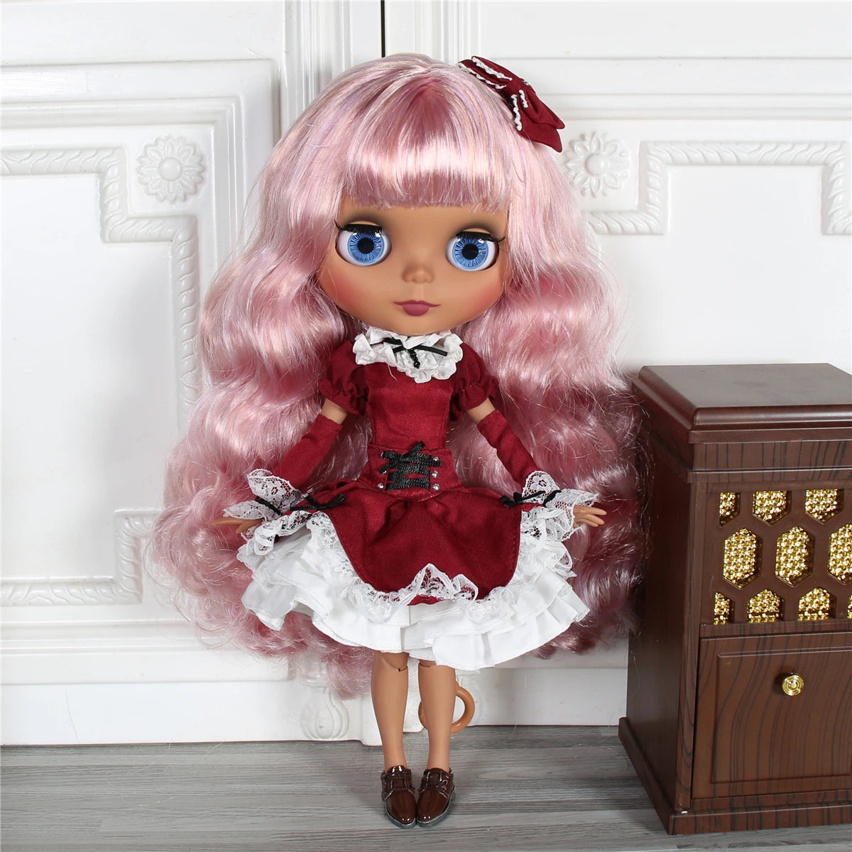 ICY DBS Blythe Doll 1/6 BJD Joint Body 30cm Dark Skin Matte Face Purple Pink Hair