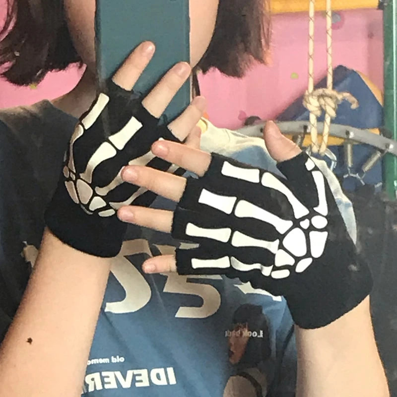 Half Finger Gloves Skeleton Skull Glow in Dark Fingerless Halloween Punk
