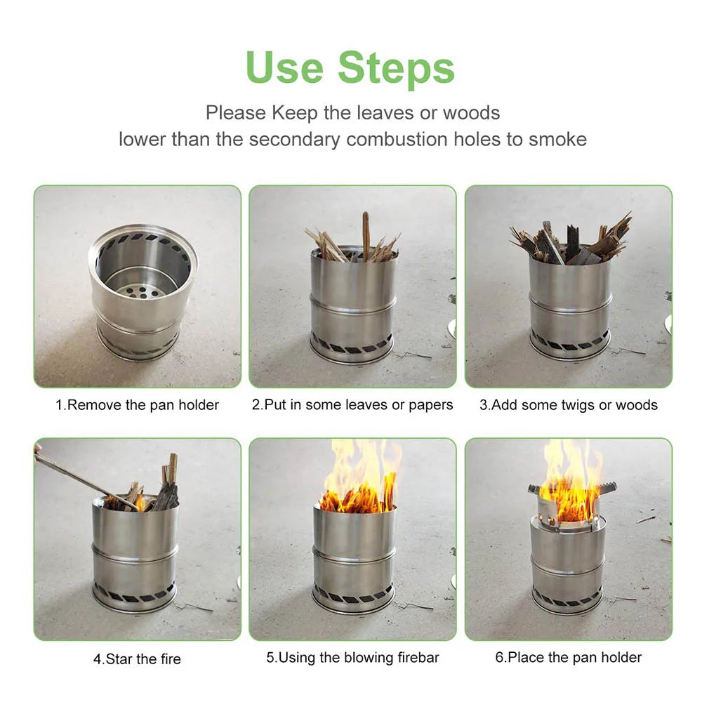 Portable Outdoor Camping Stove Wood Burning Stainless Steel BBQ Picnic Cooking