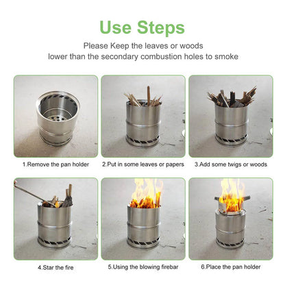 Portable Outdoor Camping Stove Wood Burning Stainless Steel BBQ Picnic Cooking