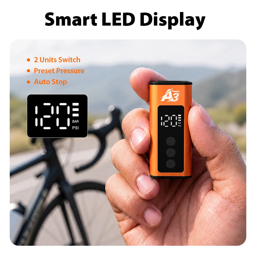 BSCOBBER A3Nano Mini Electric Bike Portable Air Compressor Tire Gauge Wireless Air Pump Schrader Presta Bicycle Accessories