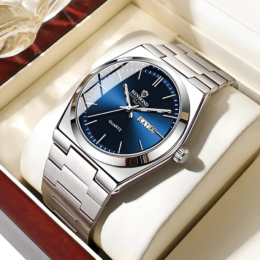 UTHAI Men’s Stainless Steel Watch Double Calendar Luxury Waterproof Business Quartz