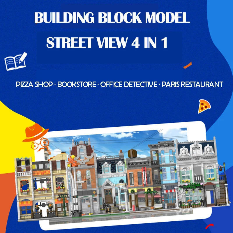 1178pcs Street View Building Blocks Pizza Shop Modular Architecture Sets MOC Detective Agency Boys Toys for Children Gifts 20104-EXPROTAS