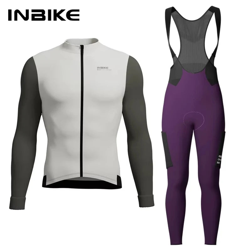 INBIKE Mens Winter Cycling Jersey Bib Tights Set Fleece Road Bike Pockets
