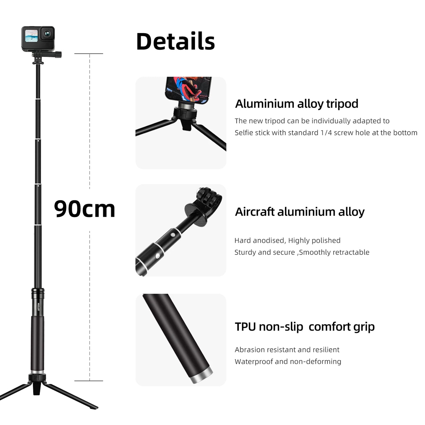 TELESIN 0.9M Aluminum Selfie Stick Monopod Tripod for GoPro Hero 12-6, Insta360, DJI, Phone