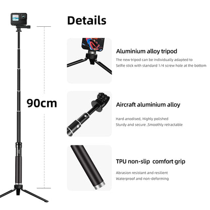 TELESIN 0.9M Aluminum Selfie Stick Monopod Tripod for GoPro Hero 12-6, Insta360, DJI, Phone
