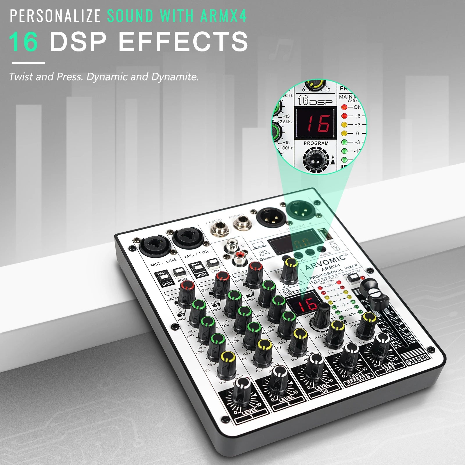 4-Channel Audio Mixer, ARVOMIC DJ Mixer with USB Audio Interface, Bluetooth Function, 16 DSP Effects, and 3-Band EQ (ARMX-4)-EXPROTAS