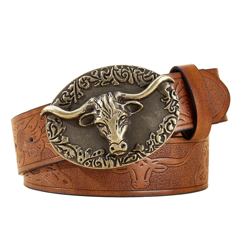 Cowboy Leather Belt Western Longhorn Bull Floral Engraved Buckle for Men