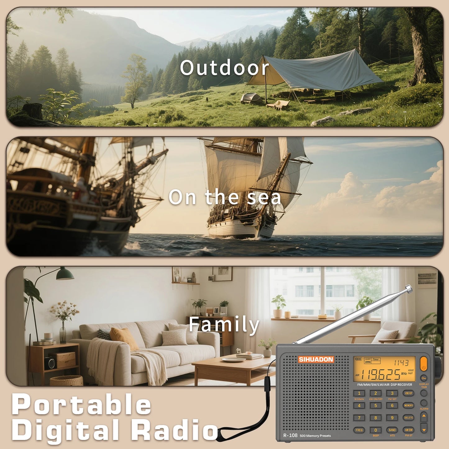 SIHUADON R108 DSP Portable Radio AM FM SW Airband LCD Type-C Receiver 500 Presets - EXPROTAS