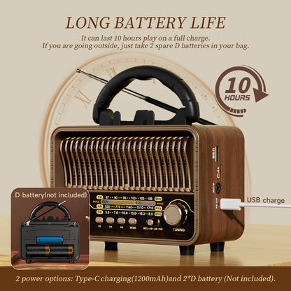 Rechargeable Battery Retro Portable Radio AM FM SW USB AUX for Home