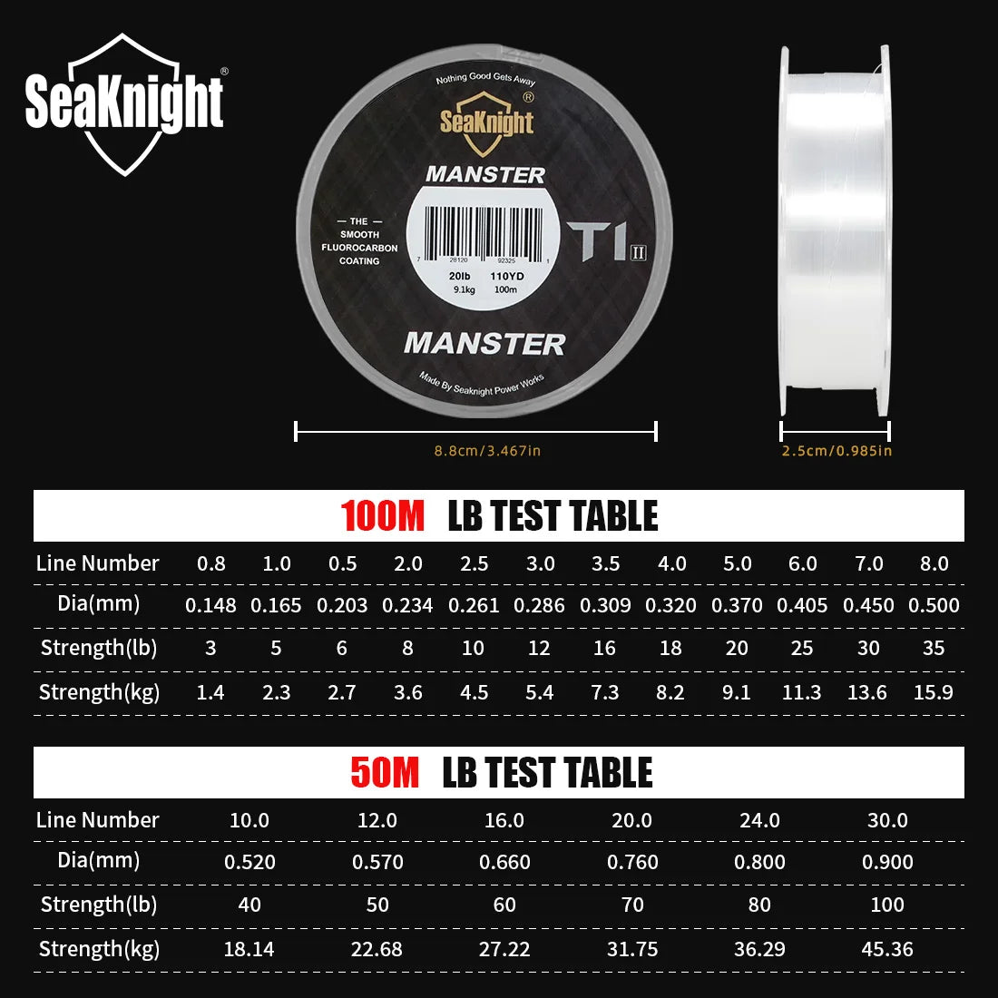 SeaKnight Manster T1 II Fluorocarbon Coated Fishing Line 50M/100M Fast Sinking 3–100lb