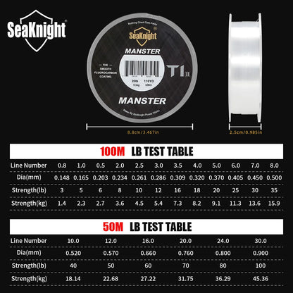 SeaKnight Manster T1 II Fluorocarbon Coated Fishing Line 50M/100M Fast Sinking 3–100lb