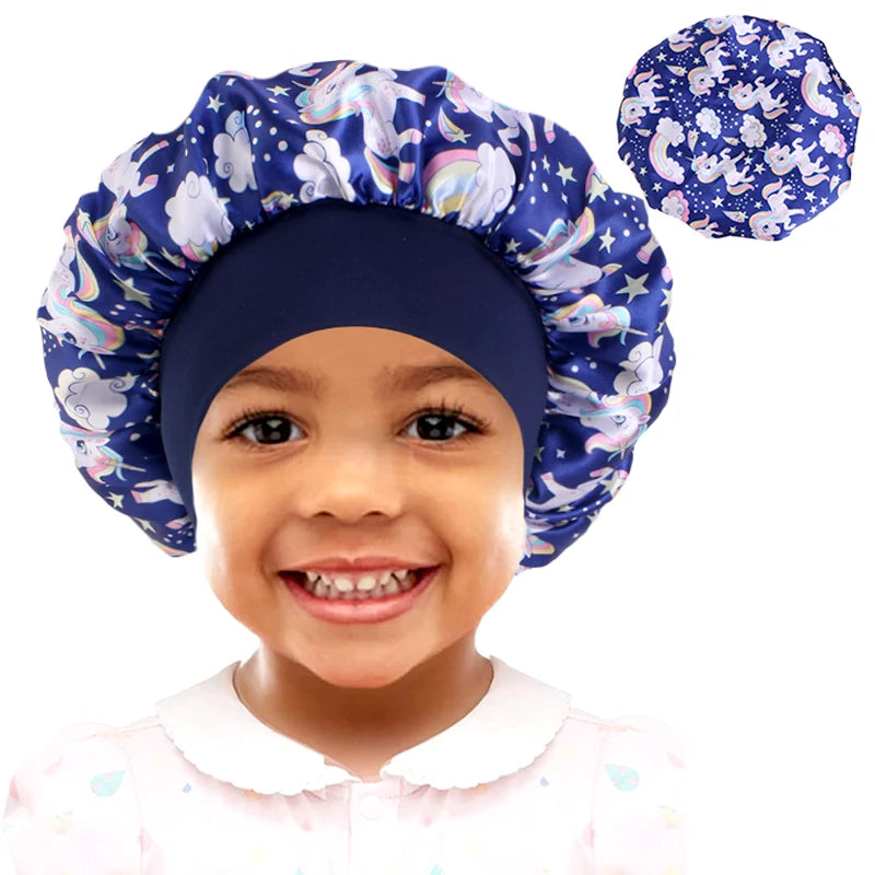 Curly Hair Adjustable Kids Satin Bonnet Sleep Cap Cartoon Hat for Baby