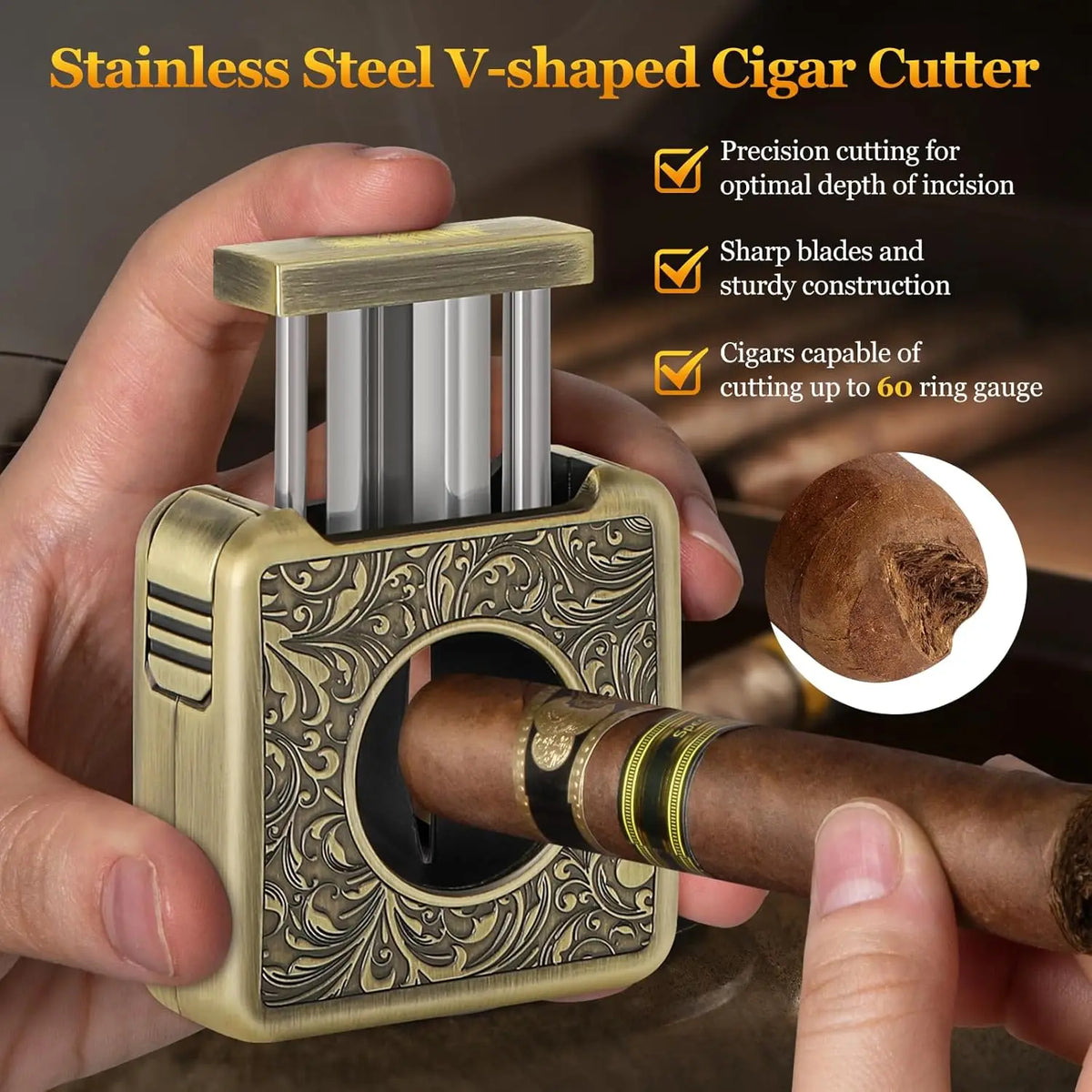 Cigar Punch Holder Cutter 4 in 1 Stainless Steel Portable Tool for 60 Ring Gauge