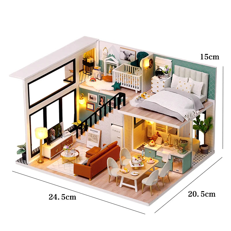 Wooden Miniature Duplex Dollhouse DIY 3D Puzzle Kit with Furniture LED Decoration Gift - EXPROTAS
