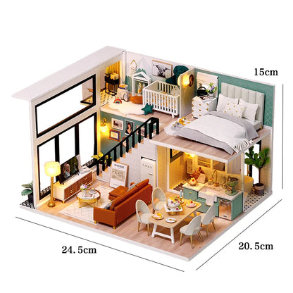 Wooden Miniature Duplex Dollhouse DIY 3D Puzzle Kit with Furniture LED Decoration Gift - EXPROTAS
