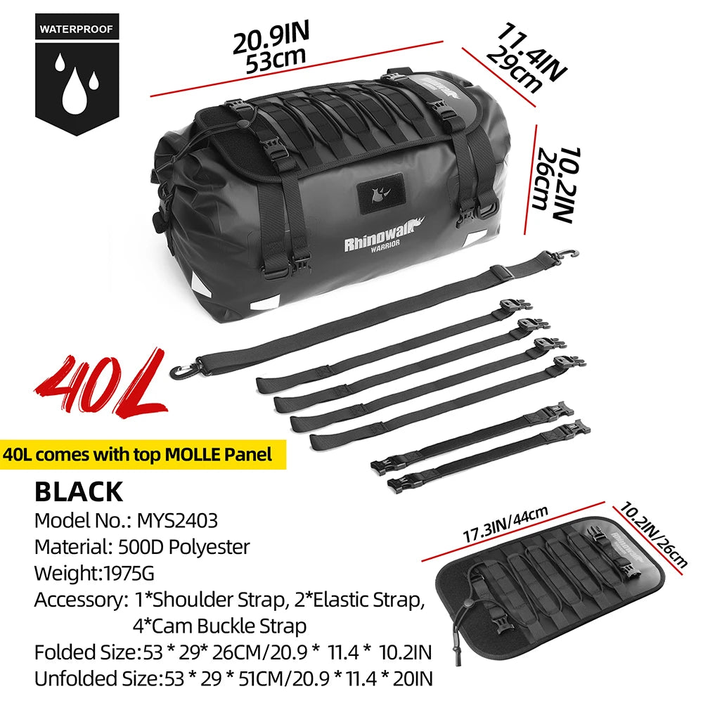 Rhinowalk Motorcycle Saddle Bag 20/40/65L Waterproof Tail Seat Luggage MOLLE