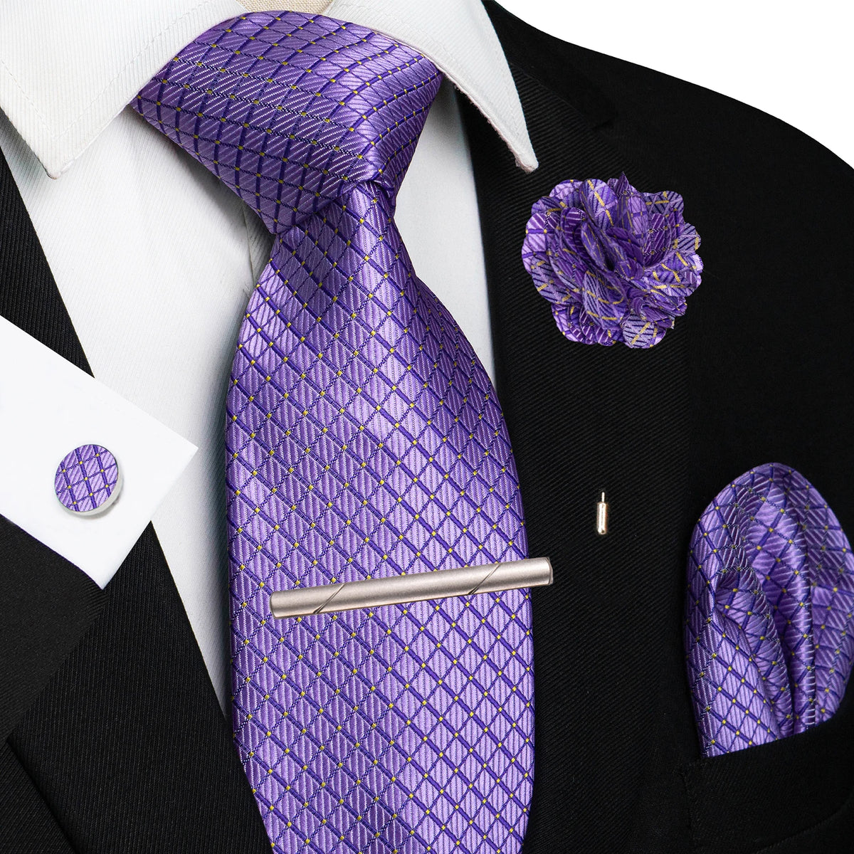 Men's Plaid Tie Clip Set with Pocket Square Cufflinks Wedding Accessories
