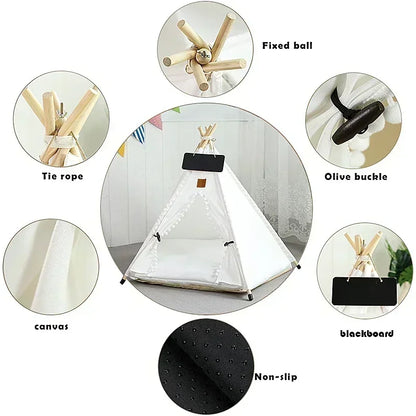 Pet Teepee Tent | Portable Indoor Dog Cat Bed with Cushion and Blackboard
