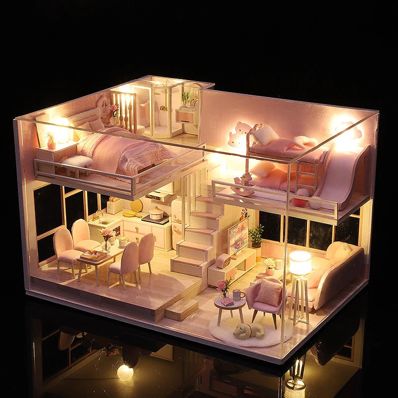 Wooden Miniature Duplex Dollhouse DIY 3D Puzzle Kit with Furniture LED Decoration Gift - EXPROTAS