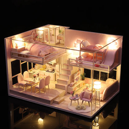 Wooden Miniature Duplex Dollhouse DIY 3D Puzzle Kit with Furniture LED Decoration Gift - EXPROTAS