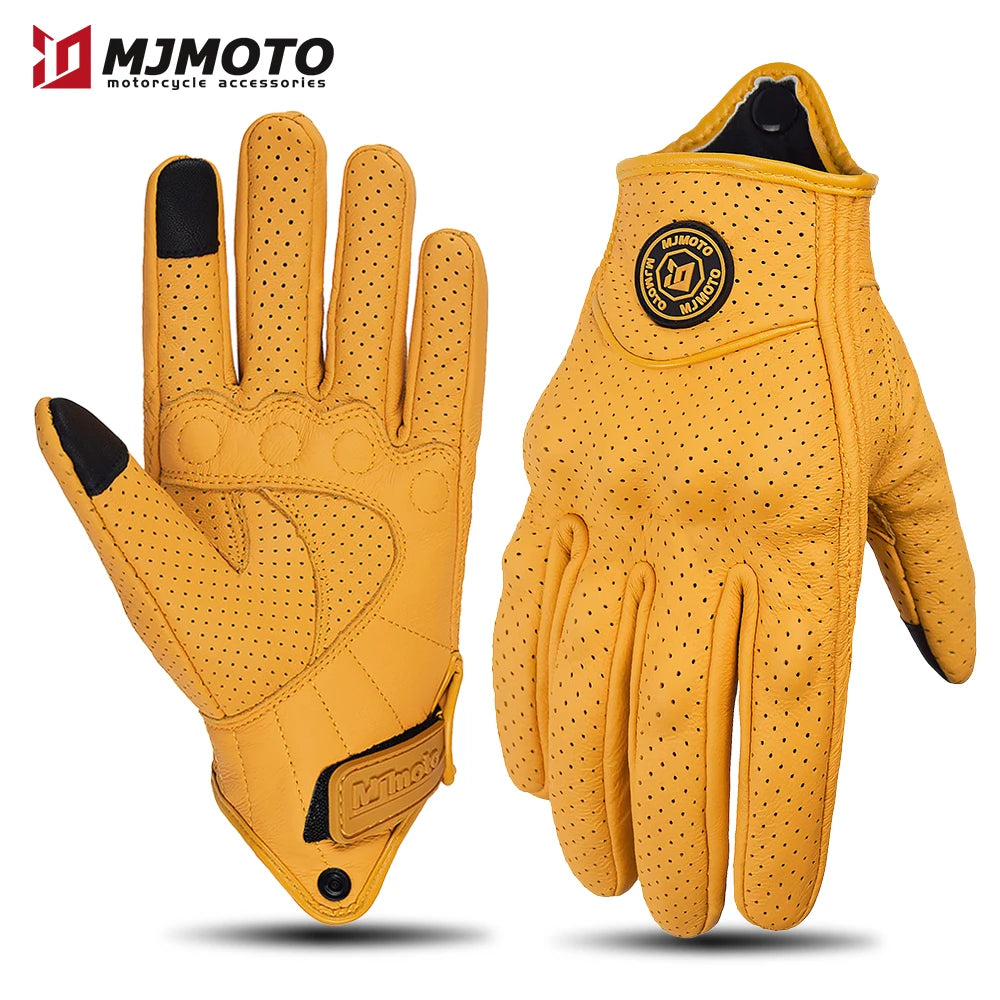 Retro Yellow Leather Motorcycle Gloves Men Women Breathable Perforated Motorbike Racing Gloves Touch Screen Motocross Moto Glove-EXPROTAS