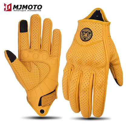 Retro Yellow Leather Motorcycle Gloves Men Women Breathable Perforated Motorbike Racing Gloves Touch Screen Motocross Moto Glove-EXPROTAS